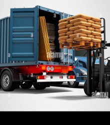 modern-concept-of-loading-and-unloading-cargo-from-blue-from-truck-with-trailer-with-building-materials-and-an-orange-forklift-with-pallet-isolated-3d-2A3KHNW